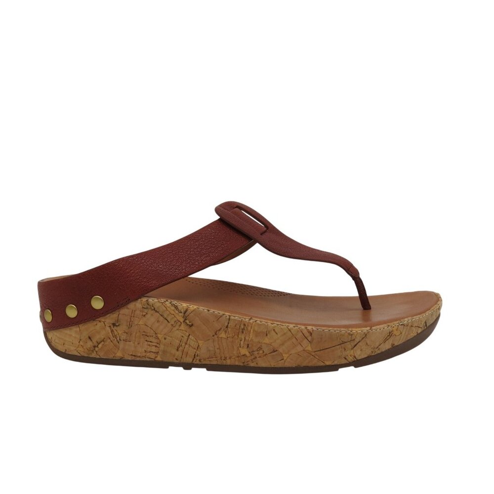 FITFLOP Women's Brown Leather Ibiza Cork Wedge Sandals Size 8 Studded Thong - Picture 2 of 11